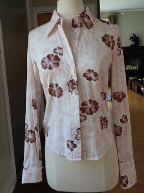 Hugo Boss button down blouse white pink brown floral size 34 women's 100% cotton
